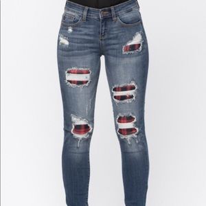 Judy Blue Red Plaid patch jeans